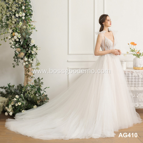 Simply Deep V Neckline Soft Tulle Bead Bridal Dress Blush Colored Wildely Boho wedding Dress